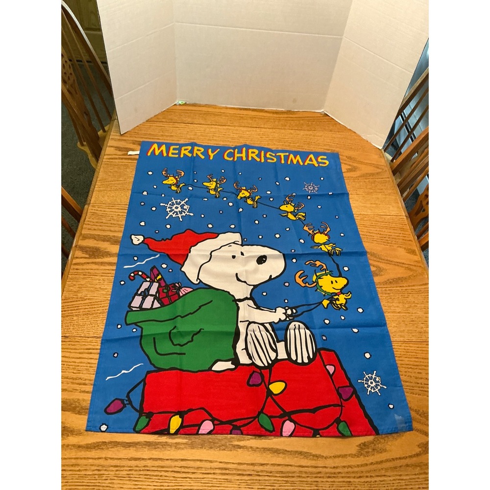 Peanuts Snoopy Merry Christmas Kitchen Tea Towel Blue Santa Woodstock Holiday